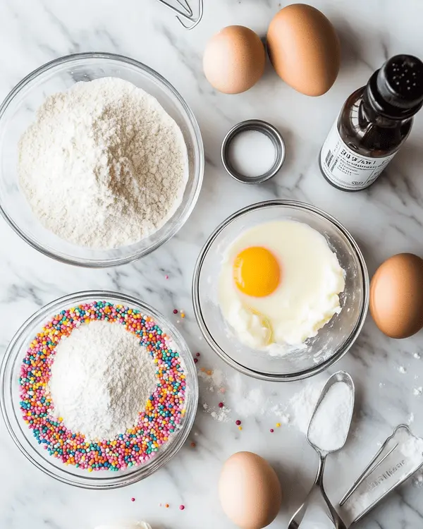 Ultimate Cup Cakes Happy Birthday Recipe 2 Ingredients for happy birthday cupcakes laid out on marble counter including cake flour, sugar, eggs, sour cream, vanilla extract and colorful sprinkles