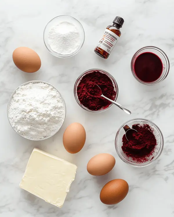 Ultimate Red Velvet Cake With Cake Mix Recipe 2 Red velvet cake with cake mix ingredients laid out on marble counter including cake mix box, cocoa powder, butter, eggs, buttermilk and cream cheese