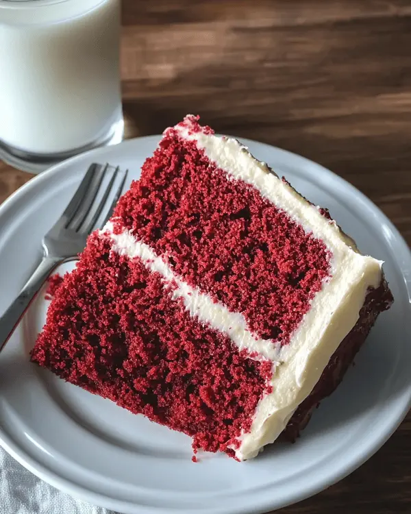 Ultimate Red Velvet Cake With Cake Mix Recipe 4 Slice of red velvet cake with cream cheese frosting on white plate next to glass of milk