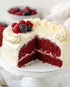 Whole gluten free red velvet cake with cream cheese frosting and red velvet crumb garnish on a cake stand.