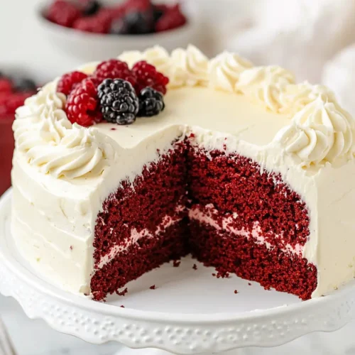 Ultimate Gluten Free Red Velvet Cake 5 Whole gluten free red velvet cake with cream cheese frosting and red velvet crumb garnish on a cake stand.