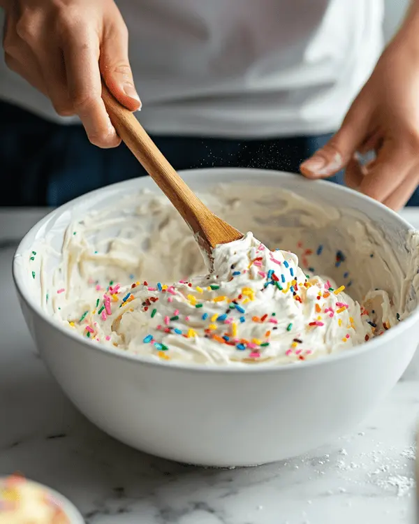 Ultimate Cup Cakes Happy Birthday Recipe 3 Hands folding colorful sprinkles into vanilla cupcake batter in a white mixing bowl during the baking process