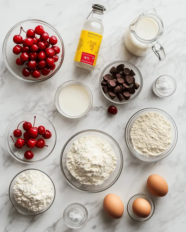 Ultimate Cherry Chip Cake Recipe 2 Fresh ingredients for cherry chip cake including maraschino cherries, cake flour, butter, eggs, and vanilla extract arranged on marble countertop
