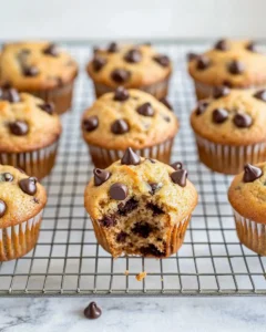 Dozen freshly baked golden brown kodiak cake muffins cooling on wire rack with chocolate chip tops