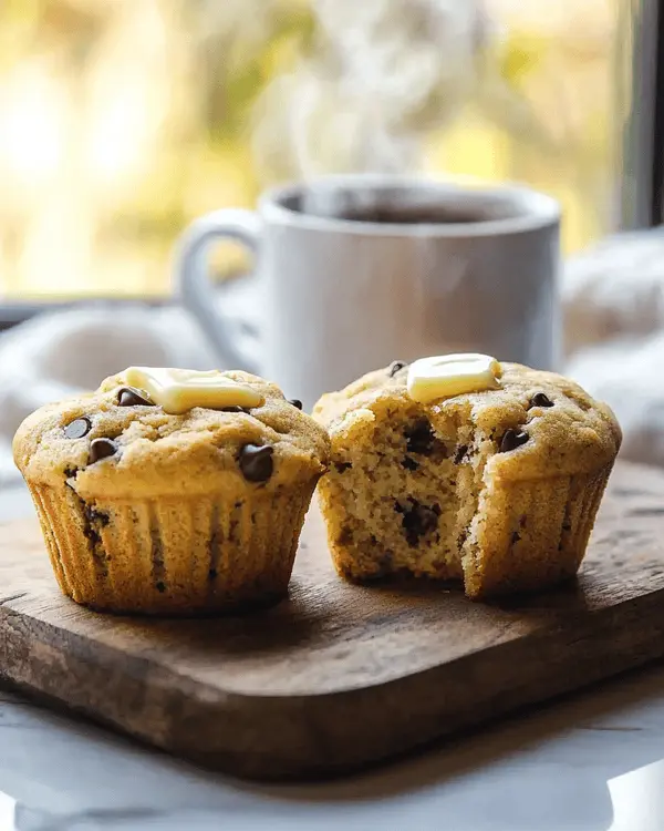 Three golden Kodiak protein muffins on wooden board with coffee, one split open showing chocolate chips