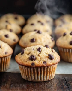 Dozen freshly baked golden kodiak muffin recipe in muffin tin with chocolate chips on top