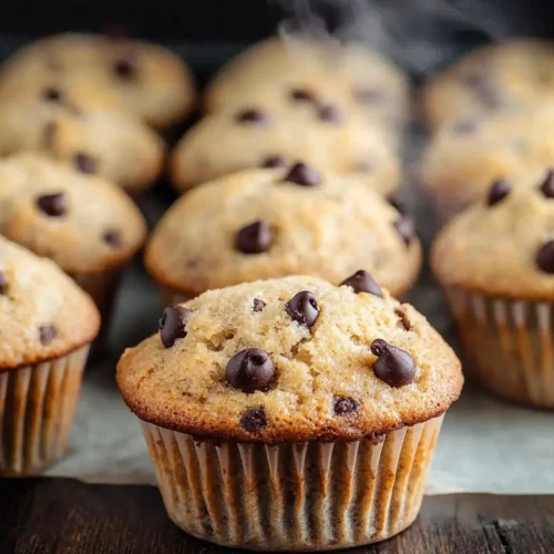 Ultimate Kodiak Muffin Recipe 5 Dozen freshly baked golden kodiak muffin recipe in muffin tin with chocolate chips on top