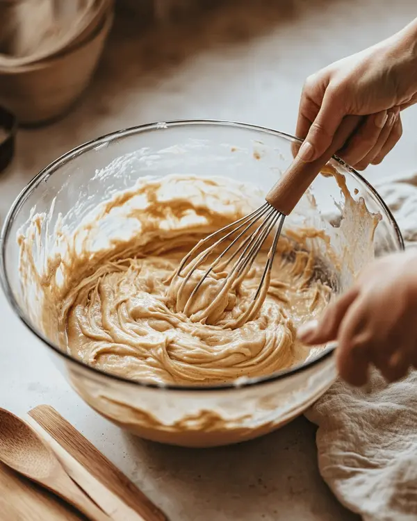 Mixing wet ingredients for Kodiak muffin recipe in glass bowl with whisk
