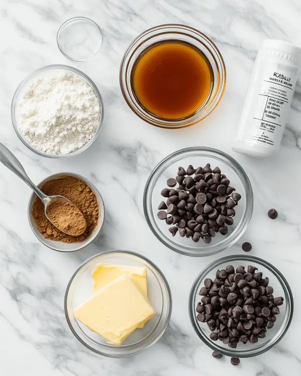 Kodiak muffin recipe ingredients laid out on marble counter including cake mix, chocolate chips, maple syrup, and milk
