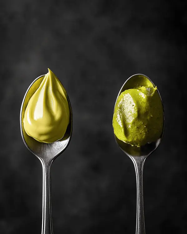 Close-up comparison showing smooth pistachio cream texture versus slightly grainy pistachio butter texture on spoons