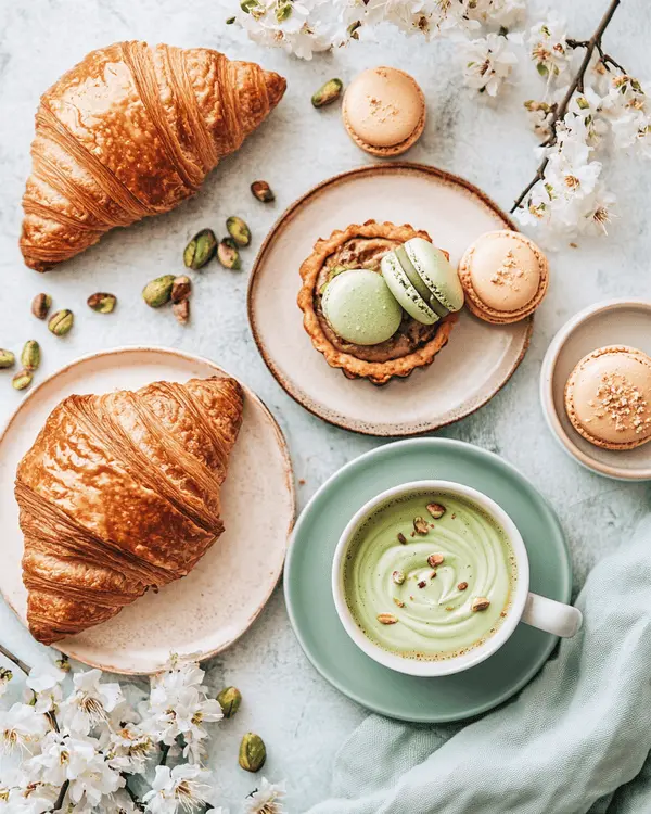 Variety of breakfast and dessert items showcasing different uses of pistachio cream and pistachio butter including pastries, toast, and macarons