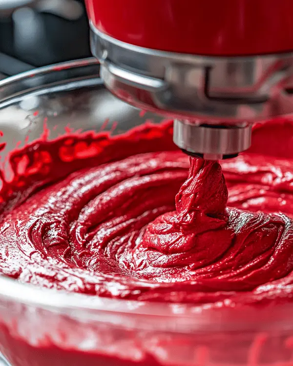 Ultimate Red Velvet Cake With Cake Mix Recipe 3 Electric mixer beating bright red velvet cake batter in glass bowl showing smooth crimson texture