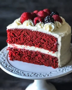 Beautiful two-layer Red Velvet Cake With Cake Mix stand showing rich red interior