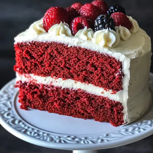 Beautiful two-layer Red Velvet Cake With Cake Mix stand showing rich red interior