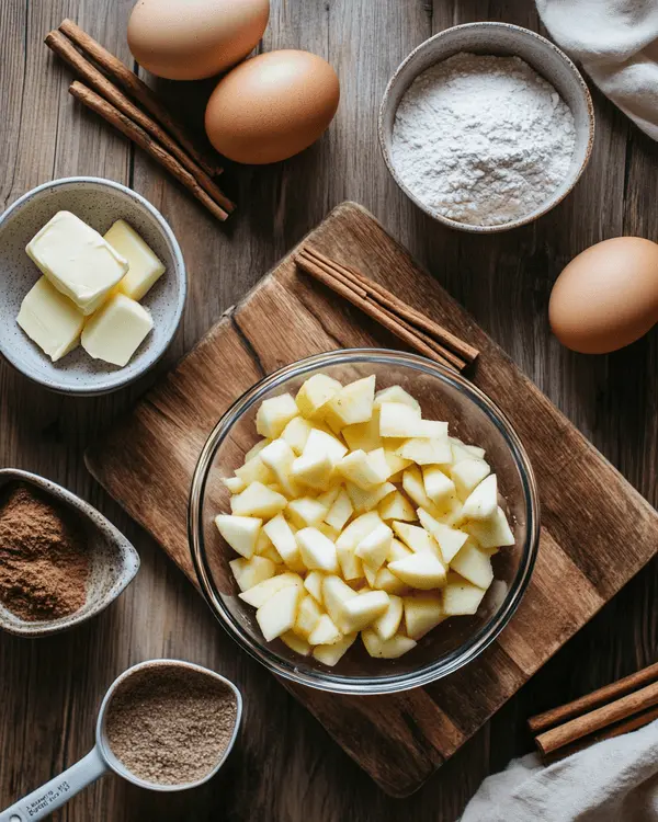 Ultimate Cinnamon Apple Cookies Recipe 2 Cinnamon apple cookies ingredients including diced apples, butter, brown sugar, flour, and cinnamon arranged on wooden cutting board