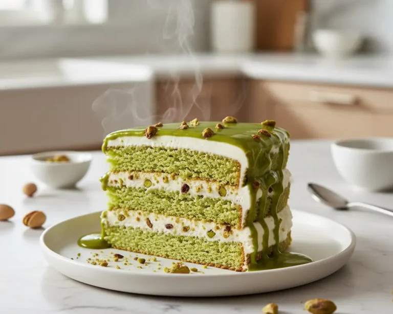 Beautiful plated Viral Pistachio Dot Cake