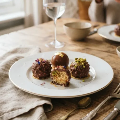 Final plated dish of dubai chocolate truffles