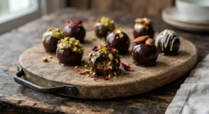 Beautiful plated dubai chocolate truffles