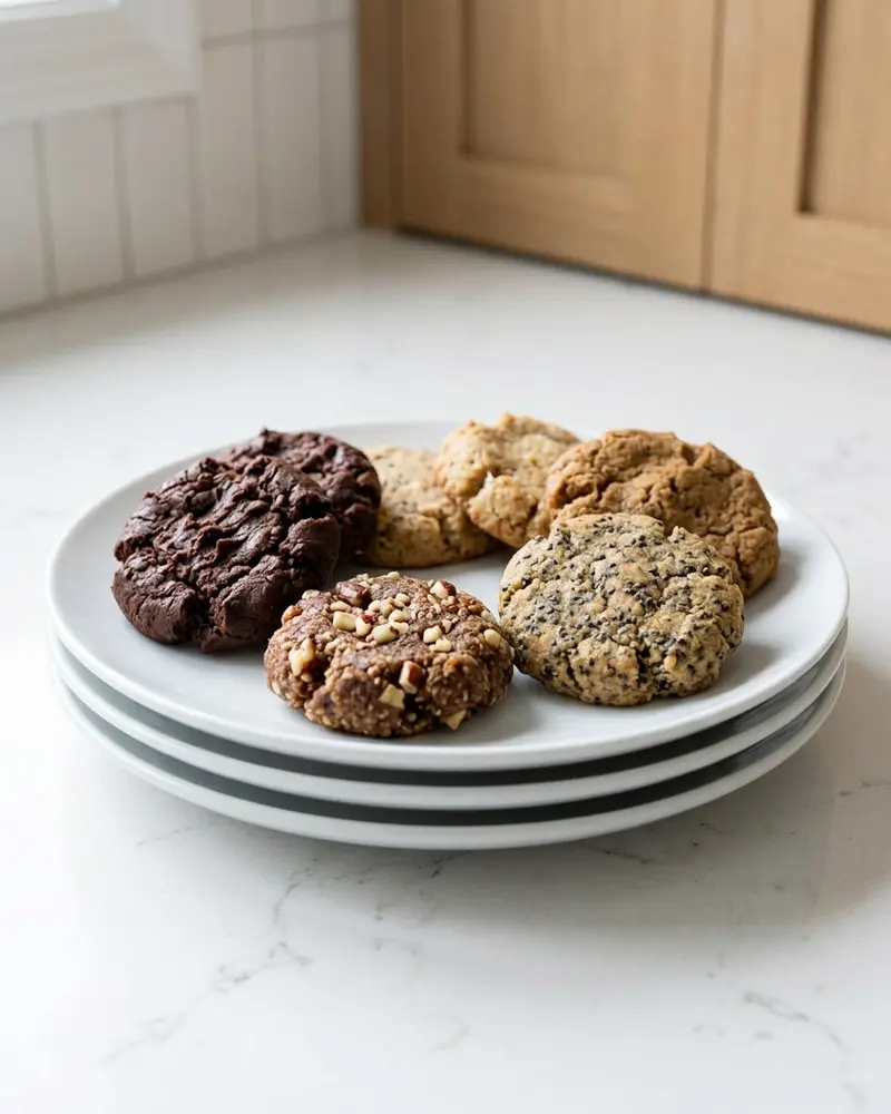 Healthy No Bake Cookies 2 healthy no bake cookies spread - five different cookie varieties arranged on separate white plates, overhead view, on a cleared wooden table
