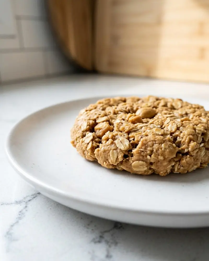 peanut butter no bake cookies without chocolate - one cookie on a plain white plate, camera 35-40 degrees above the countertop, on the empty