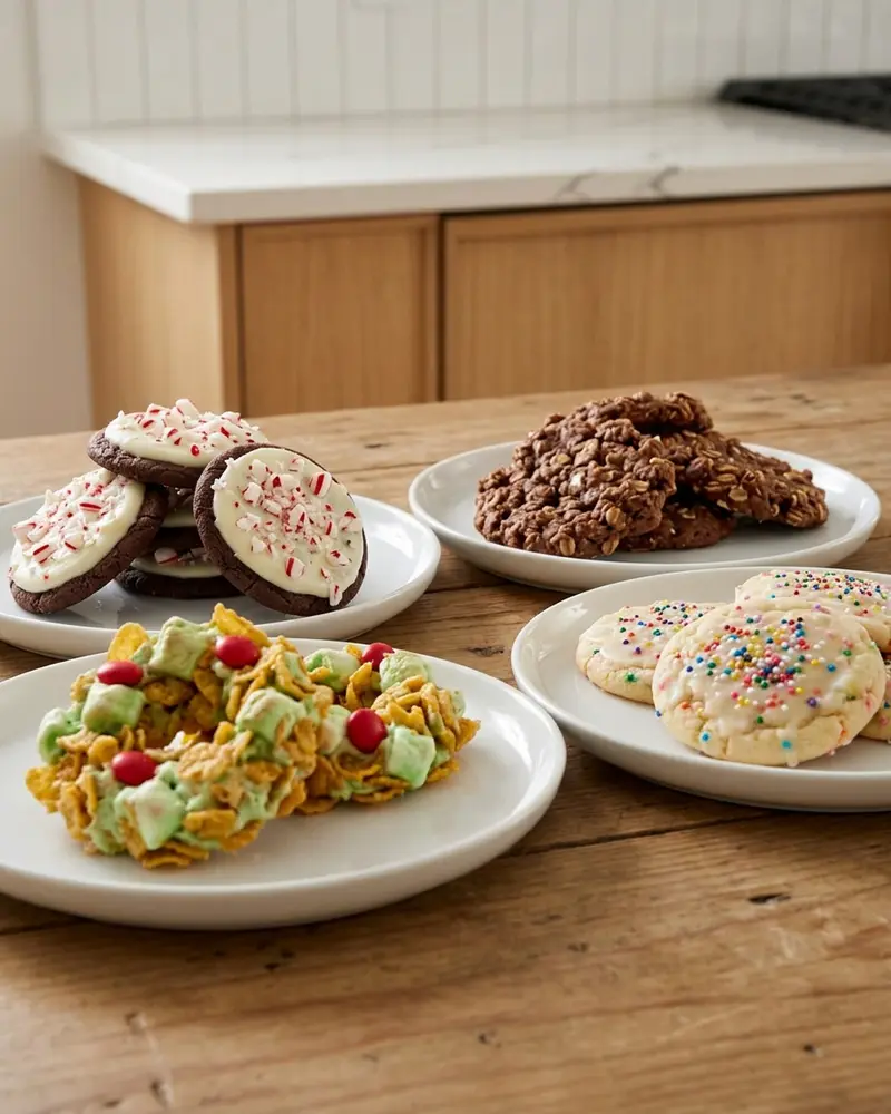 Holiday No Bake Cookies 2 assorted holiday no bake cookies - four different cookies each on its own white plate, arranged together on a cleared wooden table, natural