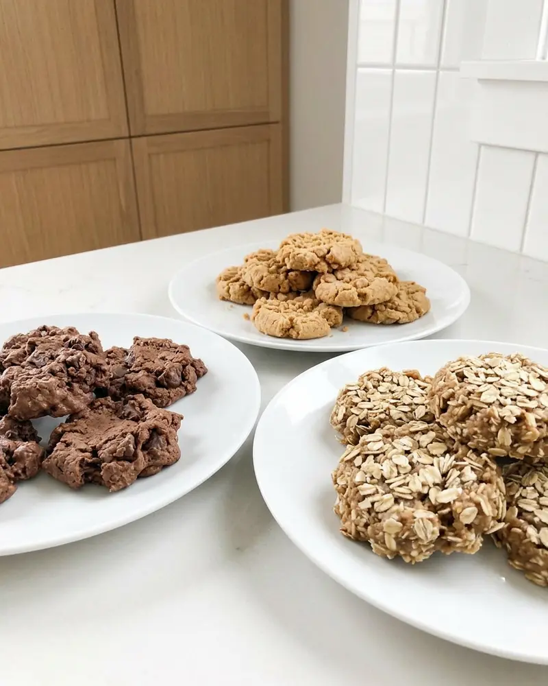 No Bake Cookie Tips 2 no bake cookies troubleshooting spread - three different plates of cookies arranged on a cleared wooden table, each plate showing a differen