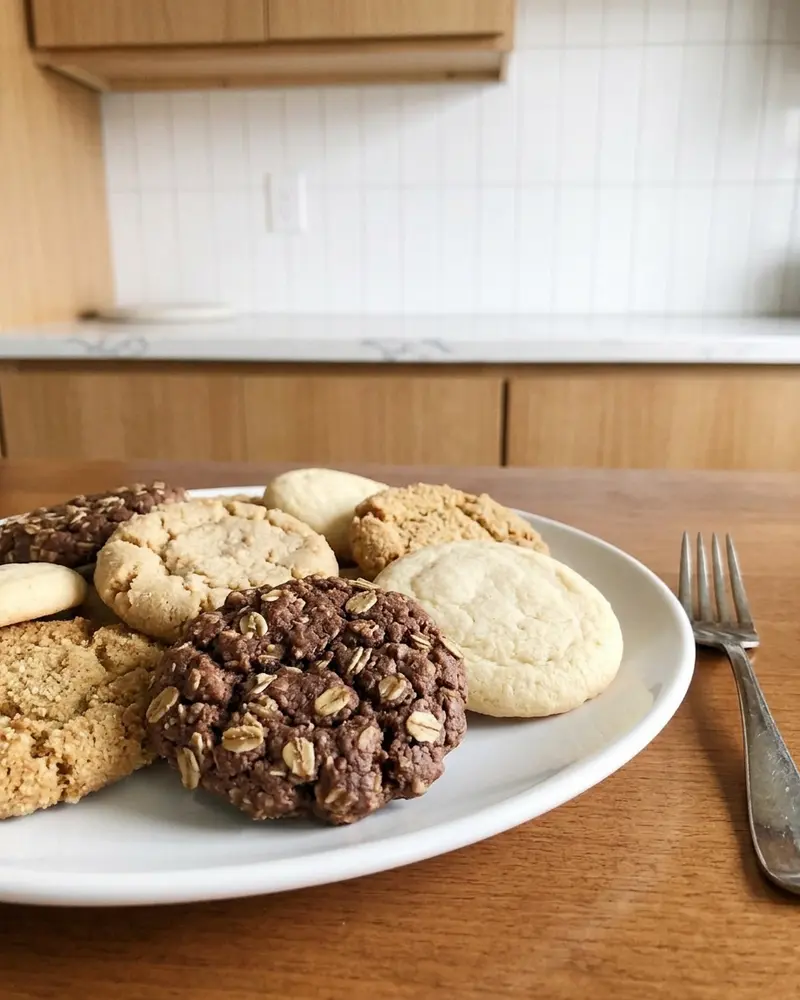 assorted no bake cookies - six different finished cookies arranged on individual white plates on a cleared wooden table, overhead shot