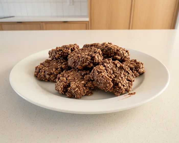 Healthy No Bake Cookies 3 vegan no bake cookies - the finished vegan no bake cookies in its baking dish on the countertop, overhead view, a serving spoon beside it