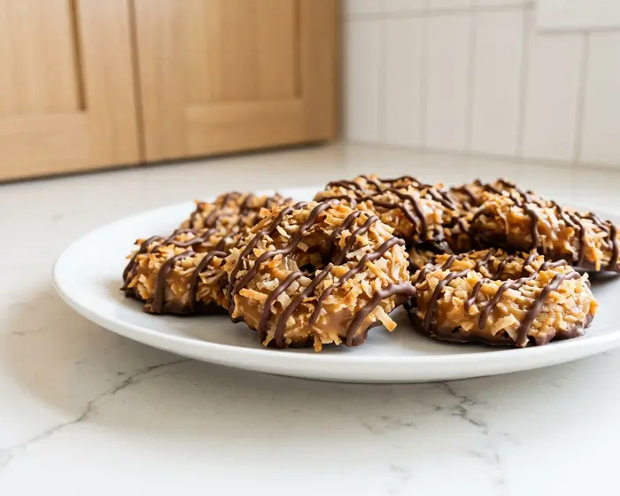 no bake samoa cookies - one cookie on a plain white plate, overhead, on the empty granite countertop