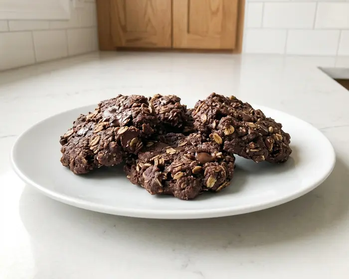 chocolate oatmeal no bake cookies - one plated serving on a plain white dinner plate, camera 35-40 degrees above the countertop, on the empt