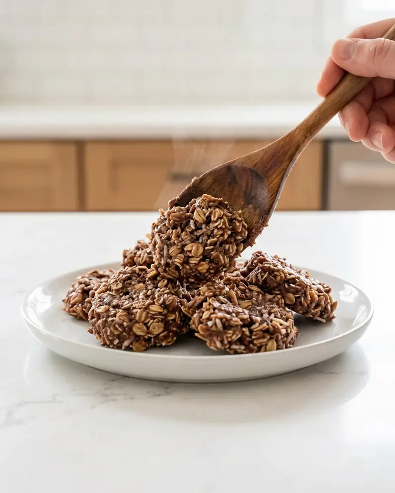 Healthy No Bake Cookies 4 gluten free no bake cookies - close-up of one portion of gluten free no bake cookies being spooned out, steam still rising, on the counterto