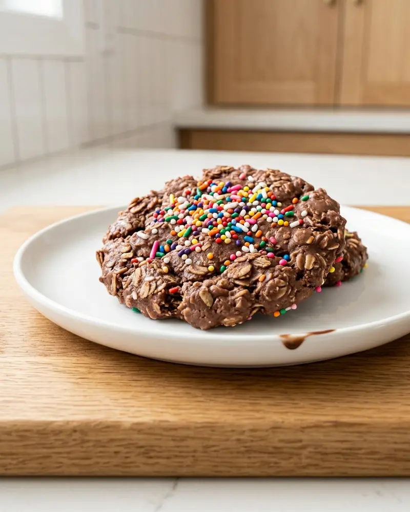 Holiday No Bake Cookies 4 no bake cookies with colorful sprinkles - one cookie on a white plate, overhead shot, on a clean wooden counter