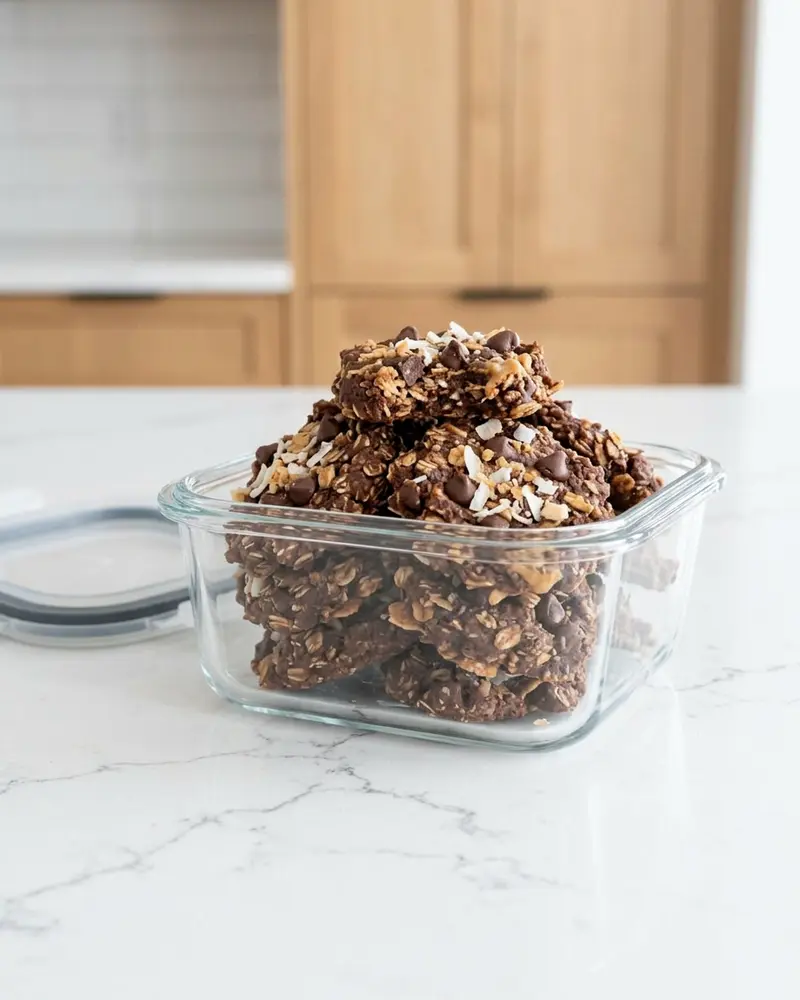 No Bake Cookie Tips 4 no bake cookies in storage container - airtight glass container filled with layered cookies on a granite counter, straight-on shot