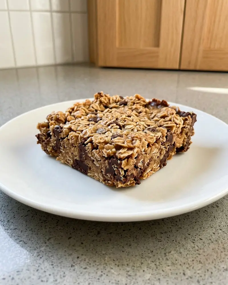 no bake oatmeal cookie bars - one plated bar on a plain white dessert plate, camera 35-40 degrees above the countertop, on the empty granite