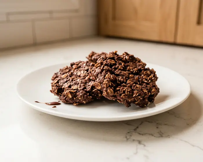 Healthy No Bake Cookies 5 vegan no bake cookies - one plated serving on a plain white dessert plate, camera 35-40 degrees above the countertop, on the empty granite c