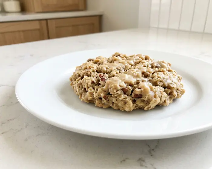 maple pecan no bake cookies - one cookie on a plain white plate, camera 35-40 degrees above the countertop, on the empty granite countertop