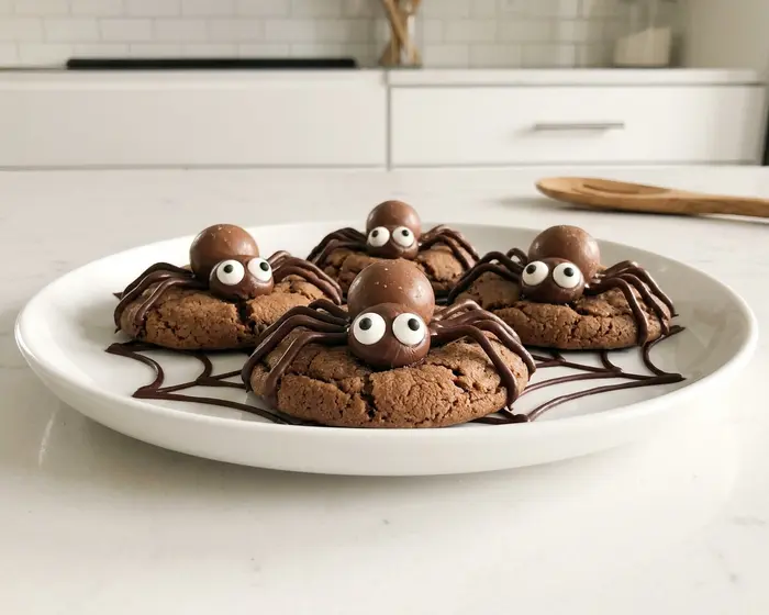 Holiday No Bake Cookies 5 halloween spider cookies - the finished halloween spider cookies, one serving on a plain white dinner plate on the countertop, camera 35-40