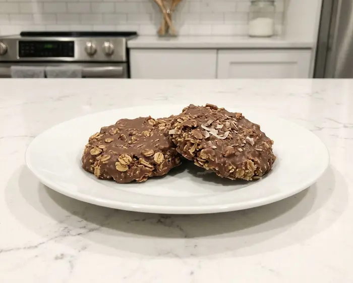 No Bake Cookie Tips 5 no bake cookies texture comparison - the finished no bake cookies texture comparison, one serving on a plain white dinner plate on the count