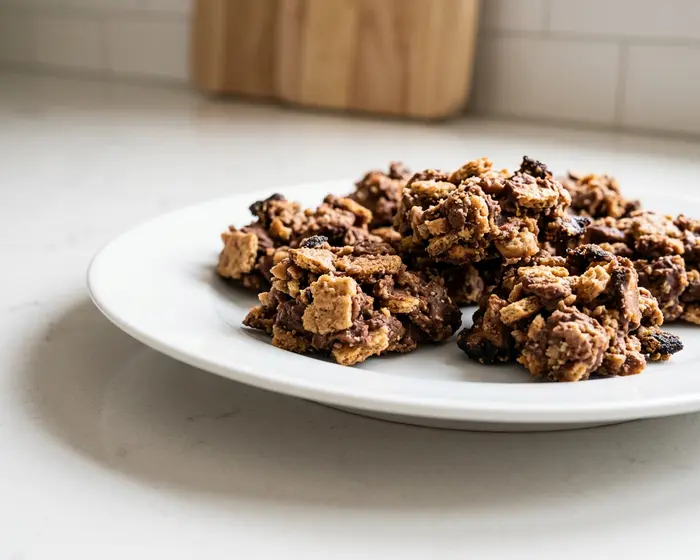 no bake cookies with graham crackers - one plated serving on a plain white dinner plate, camera 35-40 degrees above the countertop, on the e