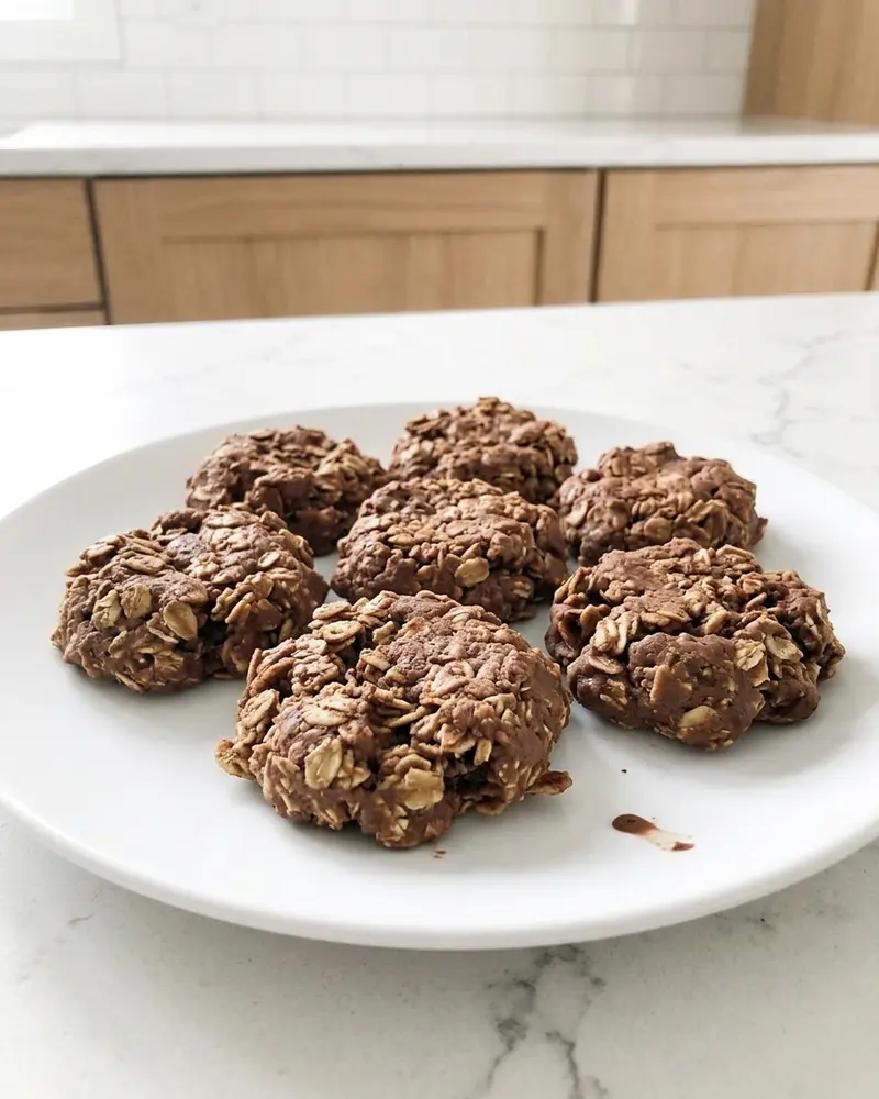 Healthy No Bake Cookies 6 gluten free no bake cookies - one plated serving on a plain white dinner plate, camera 35-40 degrees above the countertop, on the empty gran