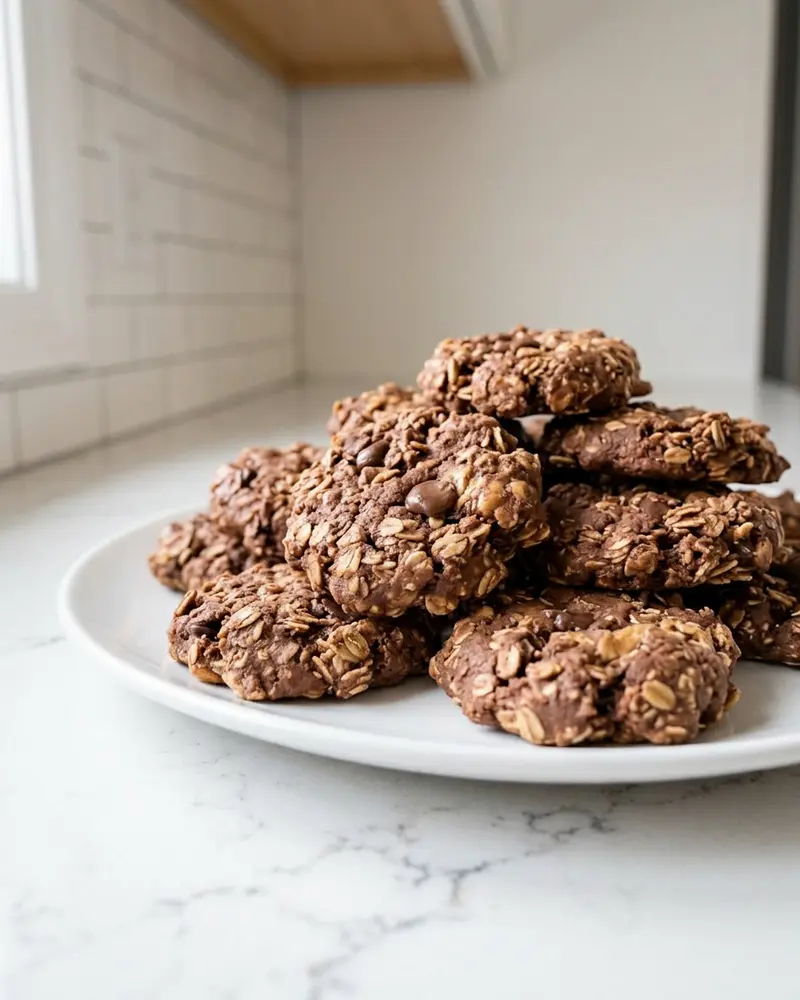no bake cookie variety - the finished no bake cookie variety in its baking dish on the countertop, overhead view, a serving spoon beside it