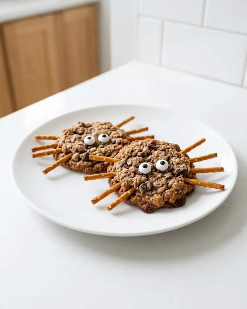 Holiday No Bake Cookies 6 halloween spider cookies - two spider cookies on a white plate, camera 35-40 degrees above the countertop, on a clean counter