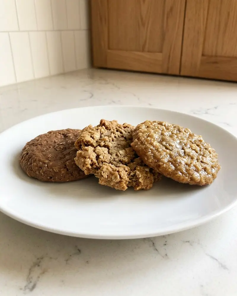 No Bake Cookie Tips 6 no bake cookies texture comparison - three cookies side by side on a white plate showing different textures, overhead shot on a clear counte