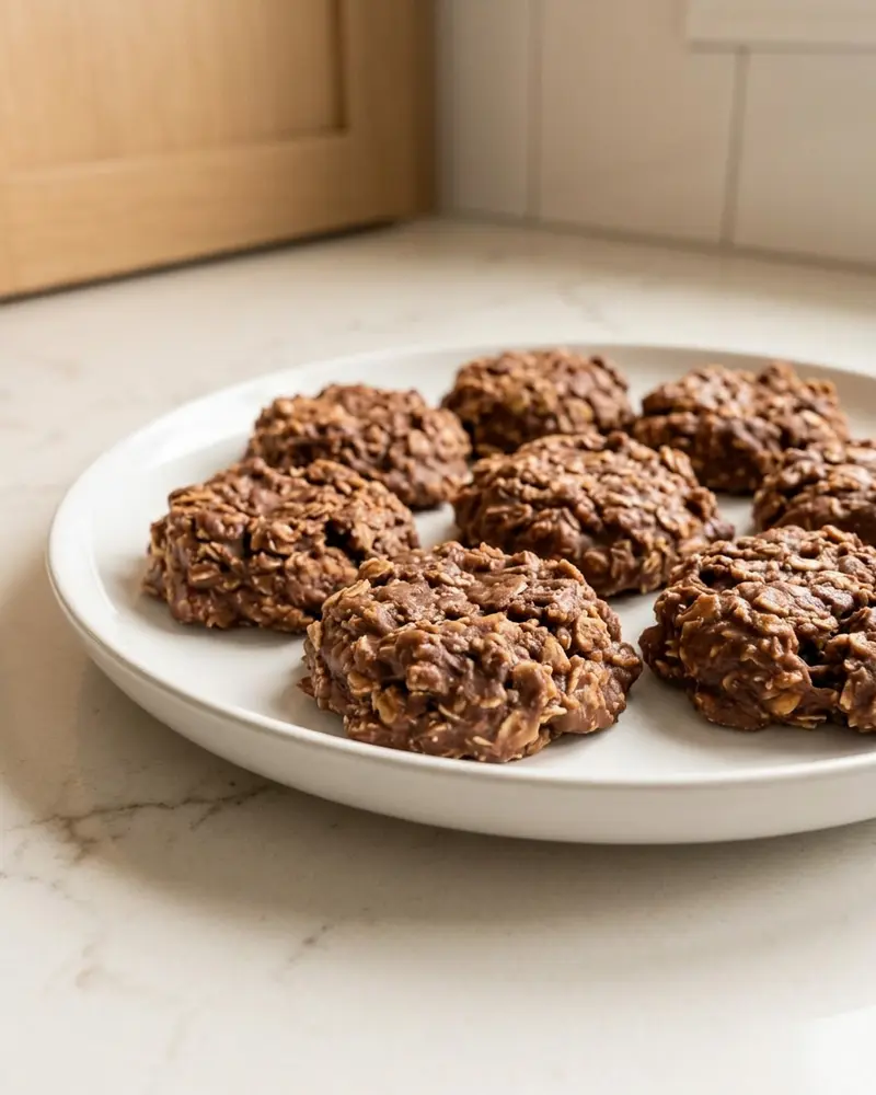 classic no bake cookies - one plated serving on a plain white dinner plate, camera 35-40 degrees above the countertop, on the empty granite 