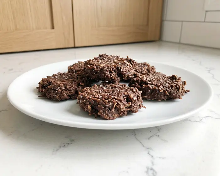 Healthy No Bake Cookies 7 keto no bake cookies - one plated serving on a plain white dessert plate, camera 35-40 degrees above the countertop, on the empty granite co