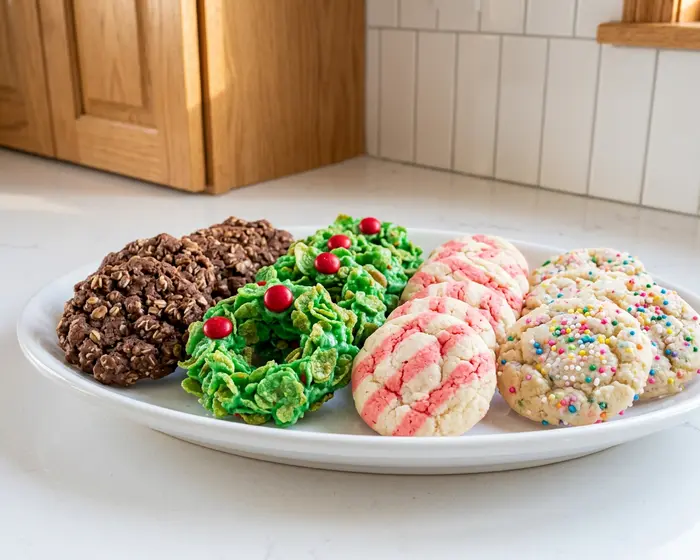 Holiday No Bake Cookies 7 assorted no bake cookies on a platter - overhead shot of a white platter with four different cookie types arranged in sections, on a cleared