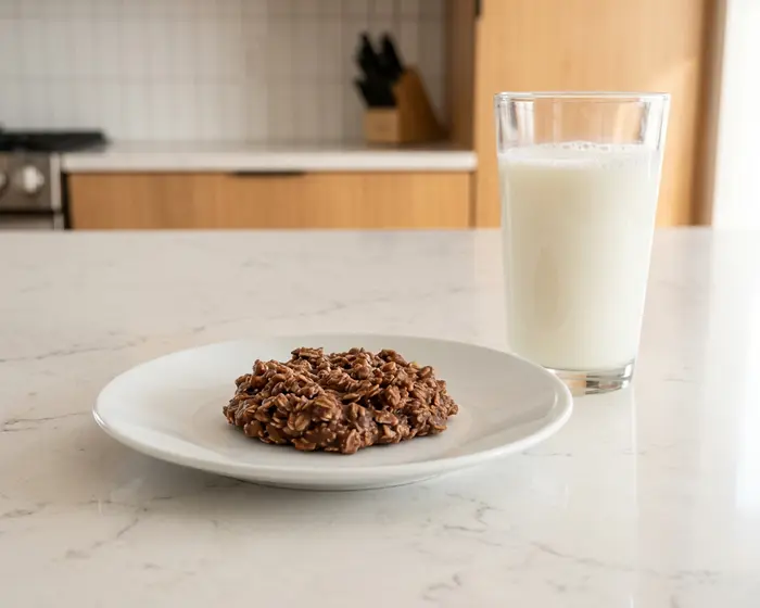 classic no bake cookies with milk - one cookie on a white plate next to a full glass of milk, camera 35-40 degrees above the countertop, on 