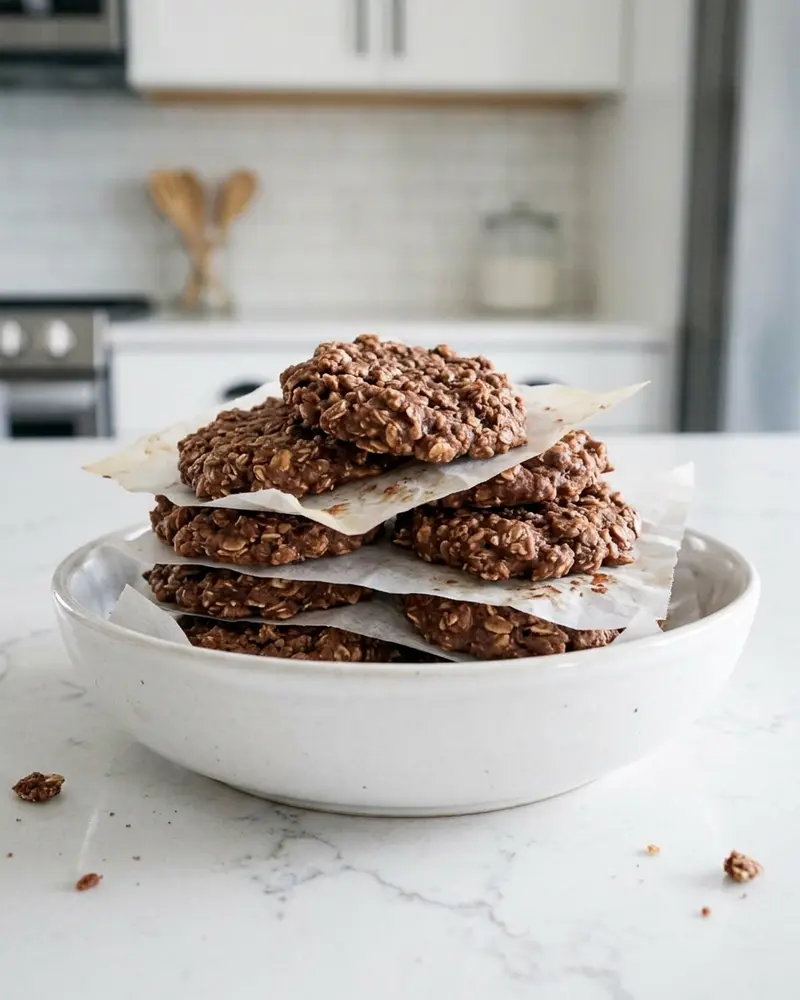 no bake cookies in storage - overhead of an open airtight container with cookies layered between parchment on the empty granite countertop