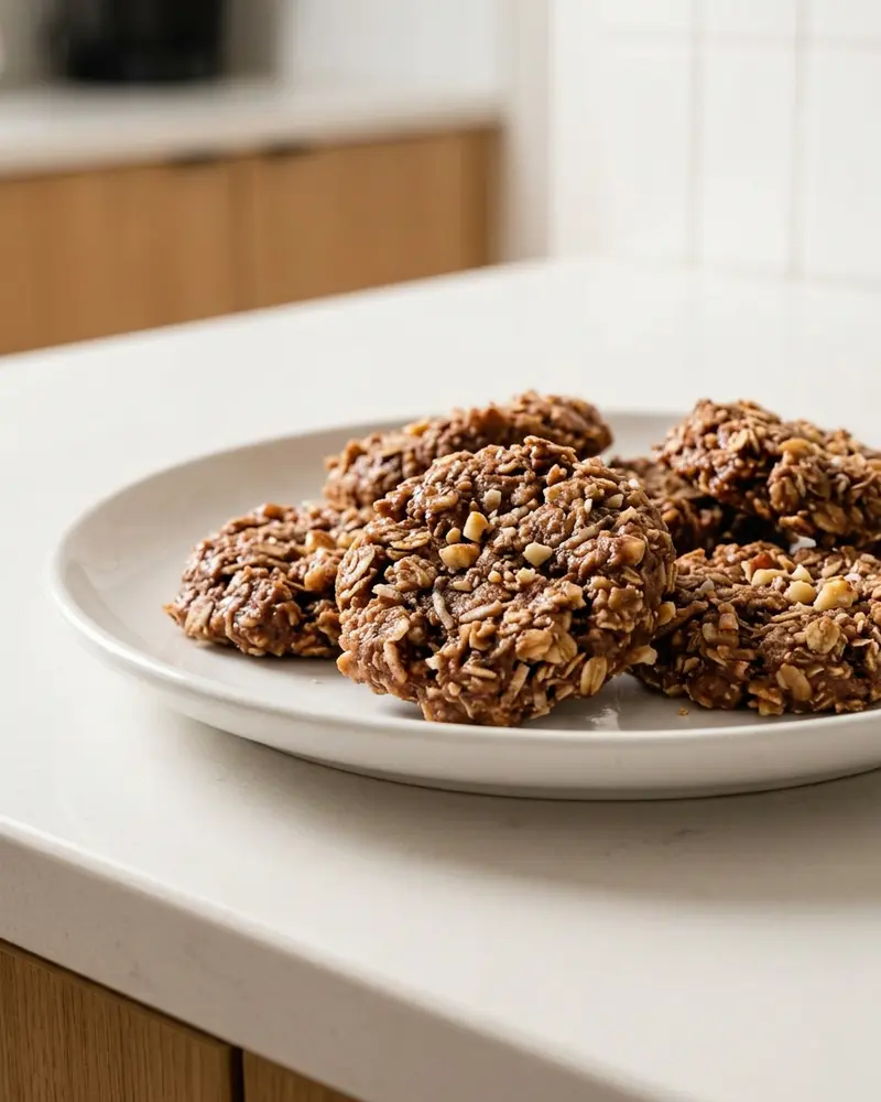 Holiday No Bake Cookies 8 no bake cookies with coffee - the finished no bake cookies with coffee, one serving on a plain white dinner plate on the countertop, camera