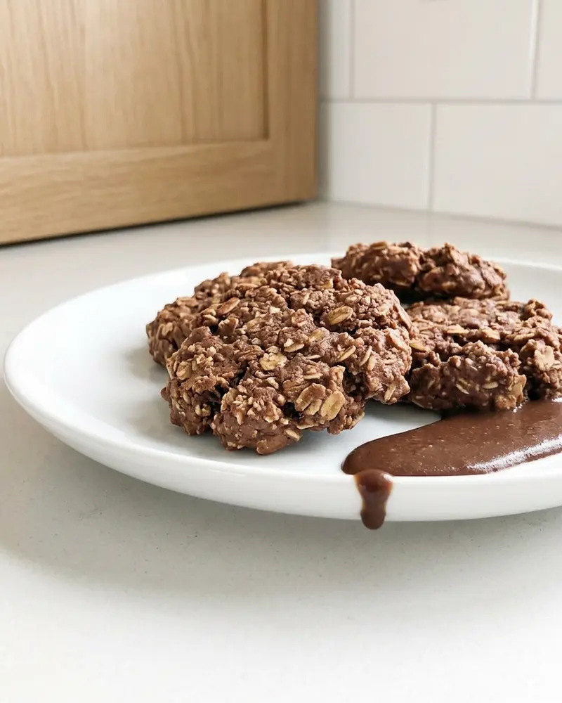 Healthy No Bake Cookies 8 high protein no bake cookies - one plated serving on a plain white dinner plate, camera 35-40 degrees above the countertop, on the empty gra